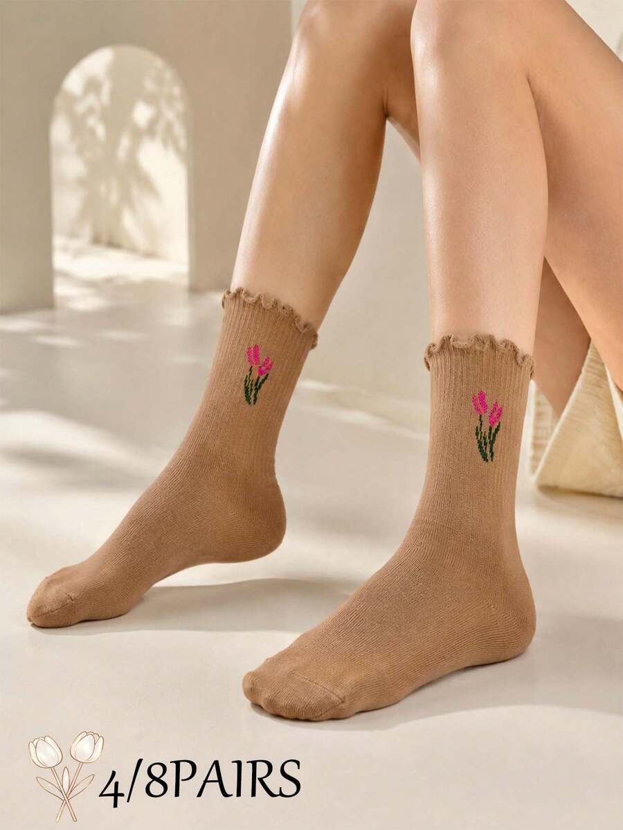4/8 Pairs Sweet Style Tulip Floral Frill Trim Women's Mid-Calf Socks - Multicolor - View 1