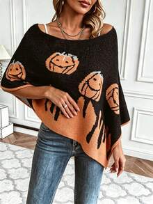 Plus Size Casual Fashion Halloween Pumpkin Asymmetric Design Knit Shawl Sweater Black - Black - View 5