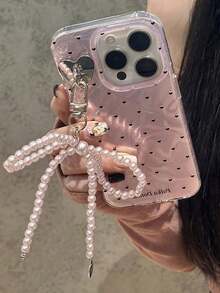 Korean Laser Heart Bow Pendant Pink Glitter Water Ripple Phone Case, Compatible With 17/16 Pro Max/15 Pro/14/13, Summer Anti-Fall Protective Cover, Sweet Girly Style - Pink - View 2