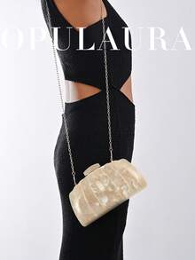 OpulAura 女款極簡風時尚金色波浪設計方型晚宴手拿包，適合宴會與婚禮，可作為新娘手提包，附鏈條肩背帶 - 杏色 - 查看 9