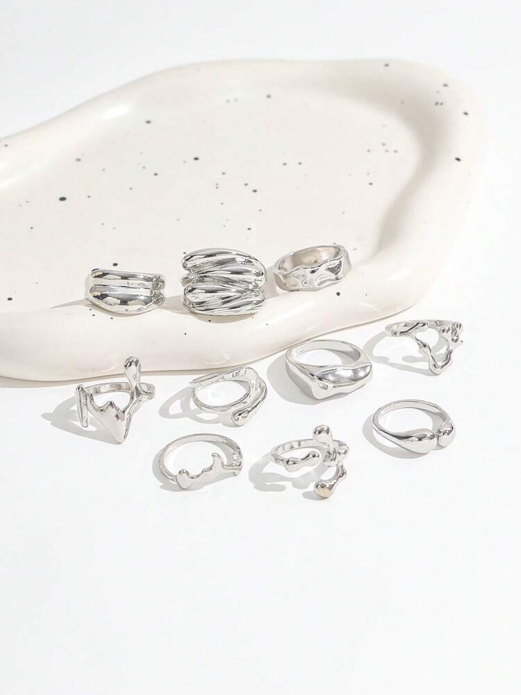 10PCS Punk Style Asymmetrical Textured Silver Rings, Shiny Wrinkled Wide Band Rings, Geometric Asymmetric Lava Stackable Ring Set For Women - Silver - View 3