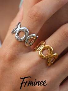 Frminee 2pcs/1pc 18K Gold Plated Stainless Steel Hammered Hollow Round Ring, Unique Asymmetrical Texture Minimalist Style Stackable Charming Jewelry - Multicolor - View 4