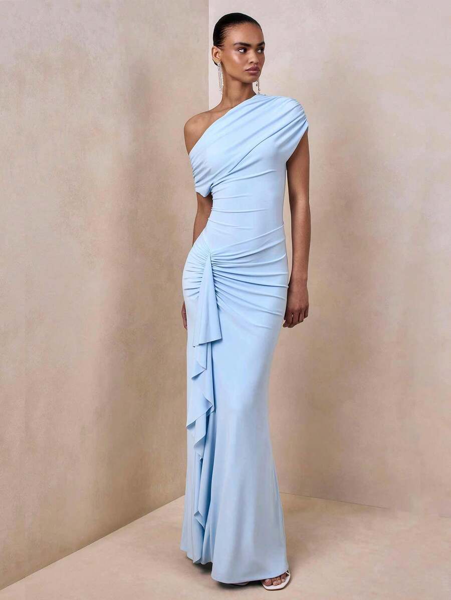 Sexy elegantes hellblaues asymmetrisches ärmelloses Abendkleid für Damen, Rüschendetail Meerjungfrau-Stil langes Strick-Cocktailpartykleid für Herbsthochzeit - Babyblau - Übersicht 1