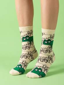 1 Pair Women's Mid-Calf Socks, Couple Socks For Men And Women, All-Season Regular Thickness, Cute Jacquard Casual Light Sports Socks, Fashion Versatile Colorful Food Animal Vegetable Pattern - Multicolor - View 1