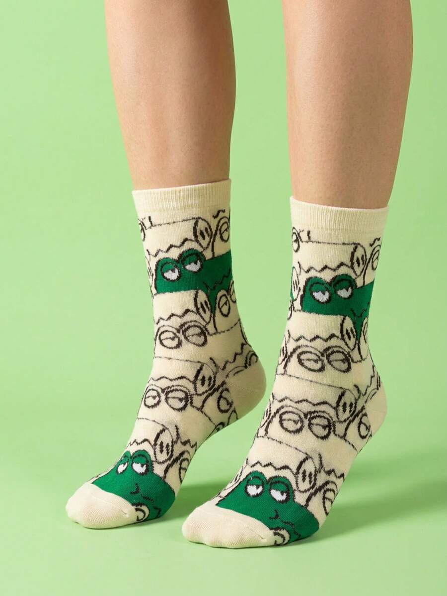 1 Pair Women's Mid-Calf Socks, Couple Socks For Men And Women, All-Season Regular Thickness, Cute Jacquard Casual Light Sports Socks, Fashion Versatile Colorful Food Animal Vegetable Pattern - Multicolor - View 1