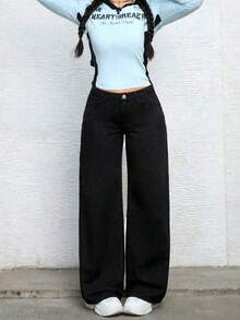 Teenage Girls' Fashion Solid Color Straight-Leg Jeans - Black - View 2
