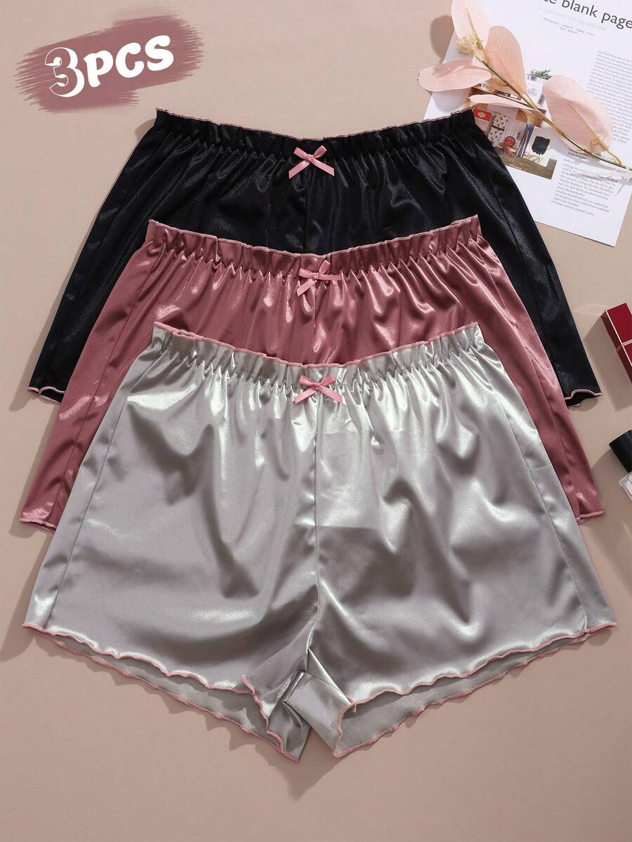 3pcs Solid Color Women's Boxer Briefs, Fashion Wavy Edge Comfortable Satin Women's Panties, Lightweight Comfortable Women's Safety Shorts - Multicolor - View 1