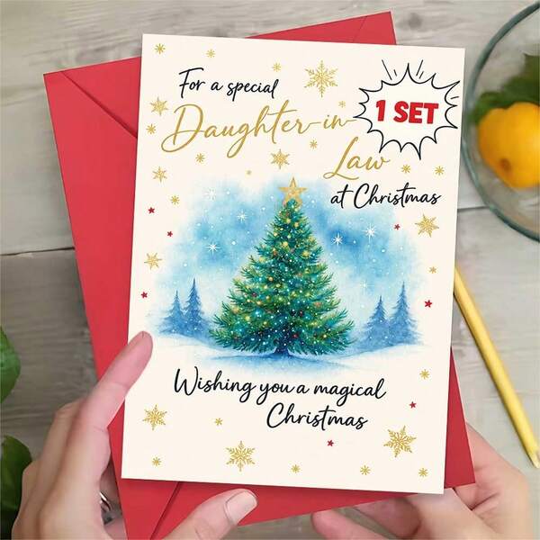1 felicitare de Crăciun elegantă + 1 plic, scenă cu brad în zăpadă "Wishing You A Magical Christmas", pentru nora, stil festiv de iarnă, acuarelă
