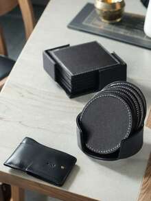 6pcs/Set (5 Coasters + Storage Box) 4-Inch Round PU Leather Coasters, Waterproof Heat-Resistant Thick Anti-Scald Tabletop Protector, Creative Coasters, Suitable For Home Kitchen Restaurant Hotel, Home Tabletop Decor, Daily Use, Christmas Gift, Holiday Decoration - Multicolor - View 10