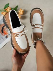 Women's Brown Thick Sole Mid-Heel Slip-On Round Toe Loafers With Bow Decor, Fashion Commuter Casual Shoes - Brown - View 2