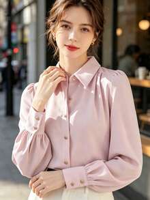 女款優雅粉色襯衫，奢華高端通勤風，四季皆宜，專業外套上衣，純色前扣設計 - 粉色 - 查看 3