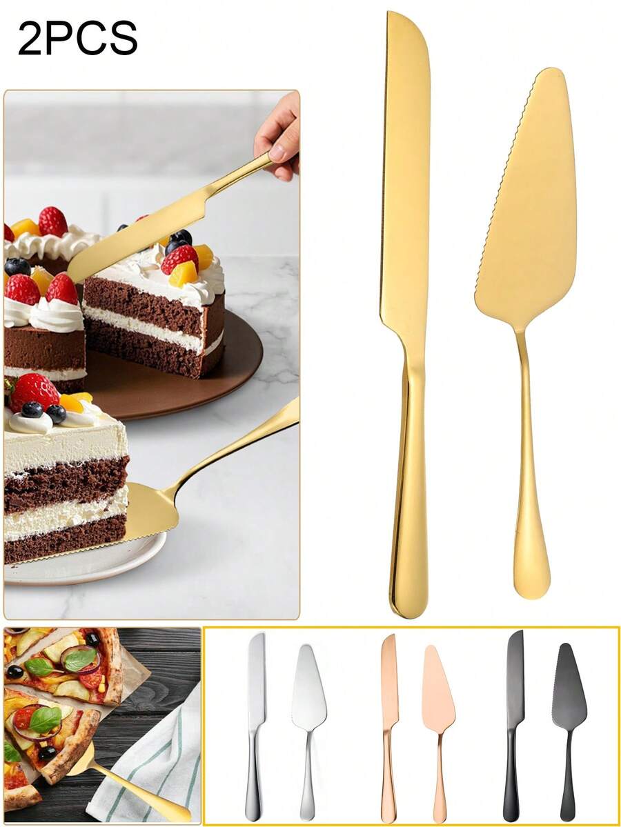 2pcs Stainless Steel Cake Server, Bread Knife, Dessert Knife, Dessert Spreader, Pizza Cutter, Cake Knife Baking Utensil Set, Suitable For Pizza, Cake, Pie, Bread, Ideal For Restaurant, Wedding, Birthday Party, Anniversary, Party, Kitchen Baking Tools - Multicolor - View 1