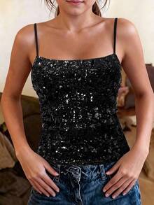 Teen Girls Black Sequin Spaghetti Strap Tank Top, Sleeveless Square Neck Slim Fit Shiny Vest, Suitable For Party, Nightclub, Evening Events - Black - View 7