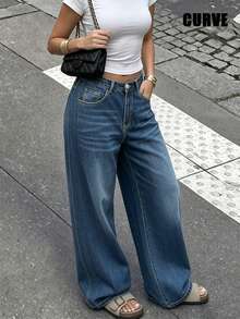 Plus Size Women's Retro Casual Loose Straight Leg Denim Maxi Pants, Fashionable & Versatile Spring Fall - Dark Wash - View 4