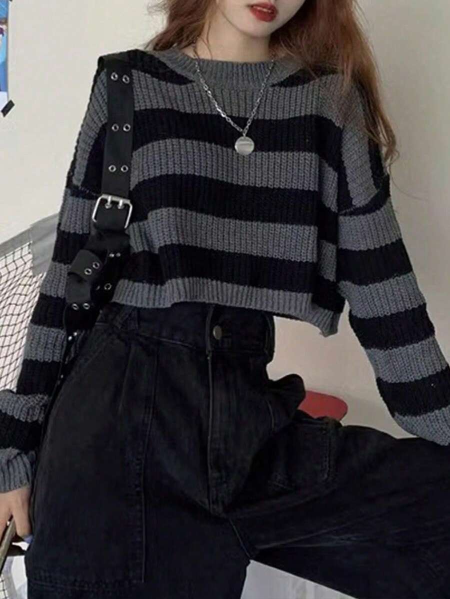 Women's Round Neck Long Sleeve Striped Casual Sweater, Random Cut Fall - Grey - View 1