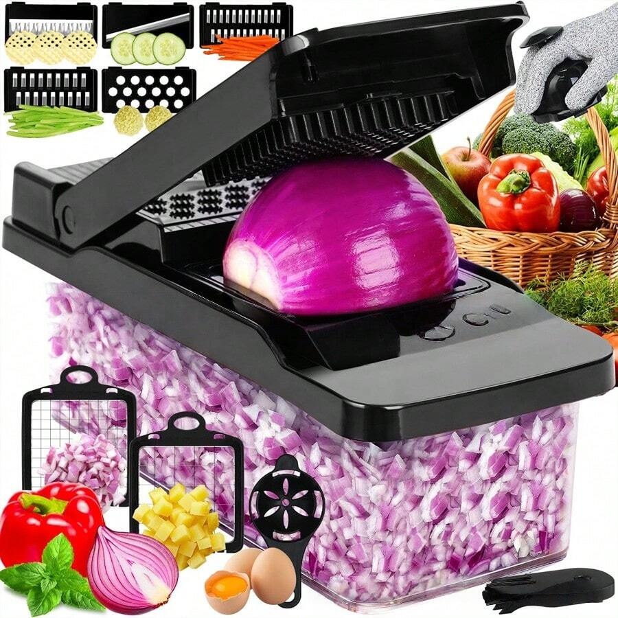 Multifunctional Vegetable Slicer, Kitchen Vegetable Cutter, Shredder, Slicer, Dicer, Grater All-In-One Machine, Multiple Blade Replacements With Storage Box And Hand Guard, Can Cut Potatoes, Onions, Carrots, Cucumbers, Tomatoes, Shred, Dice, Slice, Grate In Multiple Modes, Large Capacity Food Storage Box, Manual Fruit And Vegetable Cutting Tool, Kitchen Prep Tool, Salad And Cold Dish Ingredient Processing Tool, Practical Kitchen Utensil For Daily Cooking, Light Meal Salad Making, Fast Fruit And Vegetable Processing, Hand Guard, Easy To Clean And Detachable Vegetable Chopper