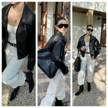 Women's Black Leather Jacket Autumn, Lapel Zipper Aviator PU Jacket, Commute Minimalist Style, Suitable For Autumn/Winter Wear - Black - View 12