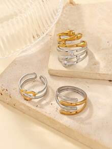 3pcs Stainless Steel Gold And Silver Heart-Shaped Ring Set, Multi-Layer Open Rings With Gold And Silver Contrast, Different Lengths, Suitable For Women's Daily Decoration Or Gift, Adjustable Ring Size - Gold and Silver - View 4