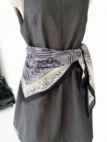 1PcSoft Wool Cotton Feel Paisley Print Scarf, Multi-Way Wear Satin Bandana, Vintage Border Trim Long Neck Scarf, Waist Belt Decorative Sash - Multicolor - View 3