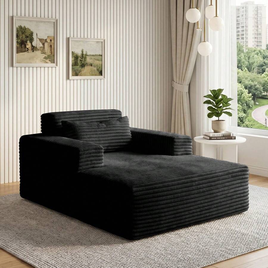 57 Inch Chaise Lounge Chair Indoor, Oversized Corduroy Upholstered Boneless Sofa Bed,Cloud Reading Chair For Living Room Bedroom, Deep Seat Sleeper Couch, No Assembly Required - Black - View 1