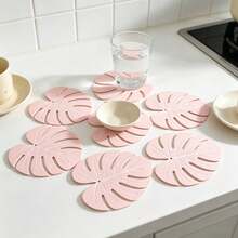 6Pcs Monstera Leaf Coaster Set With Planter Holder, Modern Green Stackable Non-Slip Beverage Coaster Set, Suitable For Living Room Office Desktop, Aesthetic Style - Multicolor - View 5