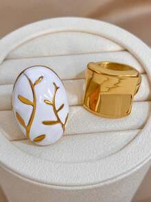 1Pc/Set Smooth Concave Curved Ring Oval White Gold Leaf Stainless Steel Rings Jewelry,For Women,Party,Daily,Christmas,Boho,Valentine Birthday Gifts - Multicolor - View 4