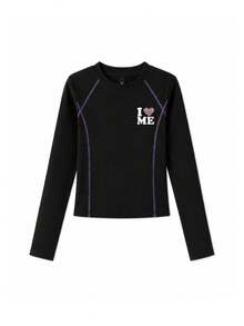 Women's Black Slim Fit Cropped T-Shirt, Heart & Letter Print, Autumn Long Sleeve Base Layer, Y2K Top - Black - View 6