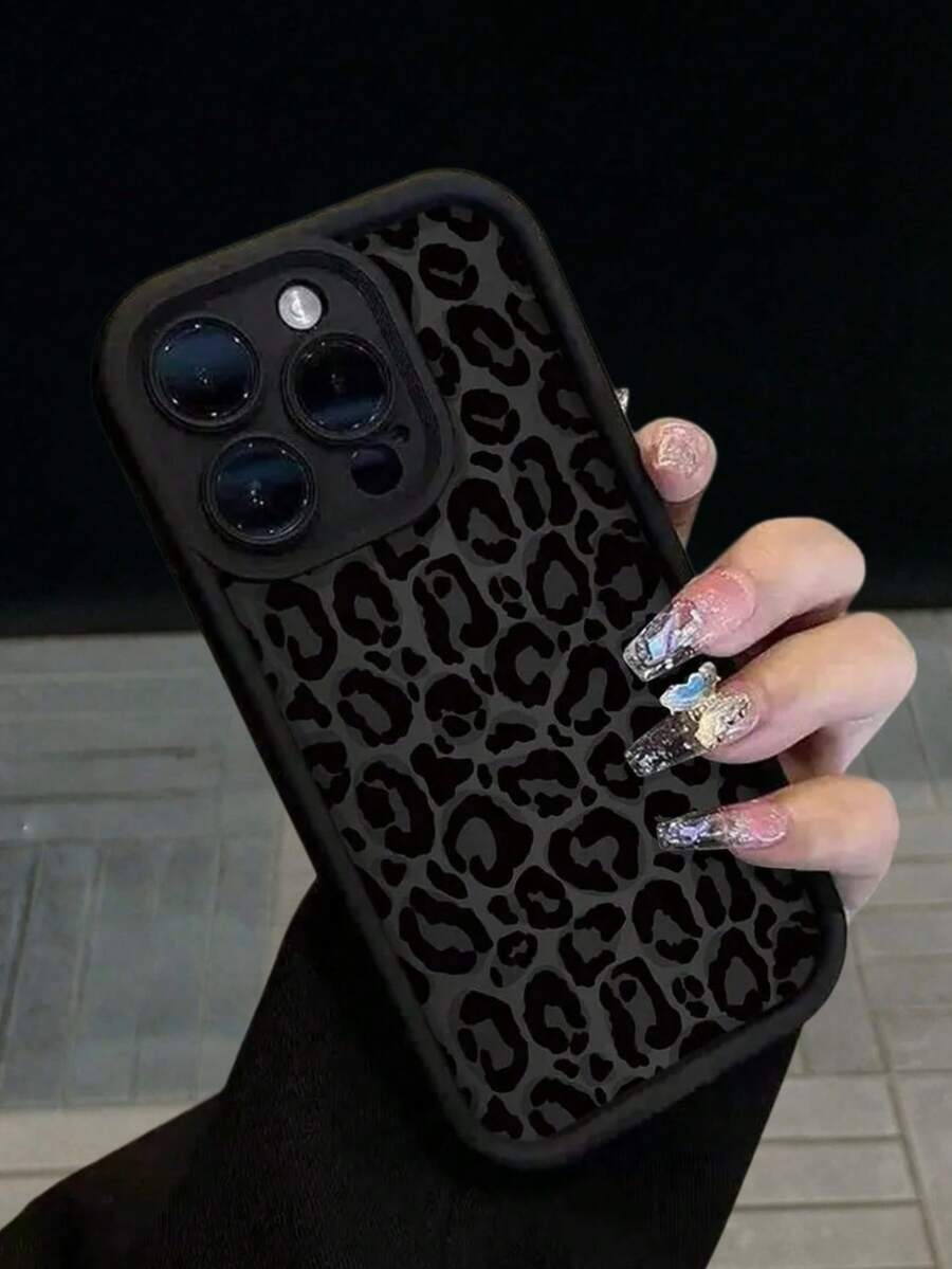 1pc Solid Black TPU Full Coverage Phone Case, Dark Leopard Print Design, Raised Lens Protection, Anti-Slip & Shockproof, Compatible With Apple All Series And Multiple Models, Suitable For Women's Daily Use Vacation Style Exquisite Gift, Compatible With Apple 11/12/13/14/15/16/17 Pro Max, A55/A54/A53/A52/A51, S26/S25/S24/S23/S22/S21 All Series Models - Black - View 1
