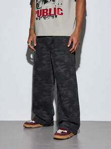 Modcrash Men's Outdoor Curved Cut Street Dark Camouflage Long Pants, Vintage Functional Cargo Wide Leg Pants - Black - View 1