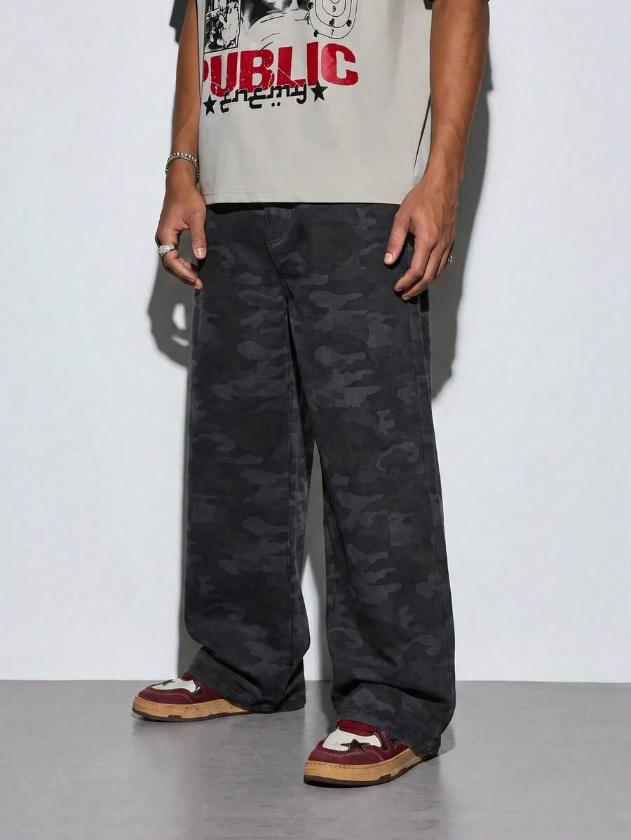 Modcrash Men's Outdoor Curved Cut Street Dark Camouflage Long Pants, Vintage Functional Cargo Wide Leg Pants - Black - View 1