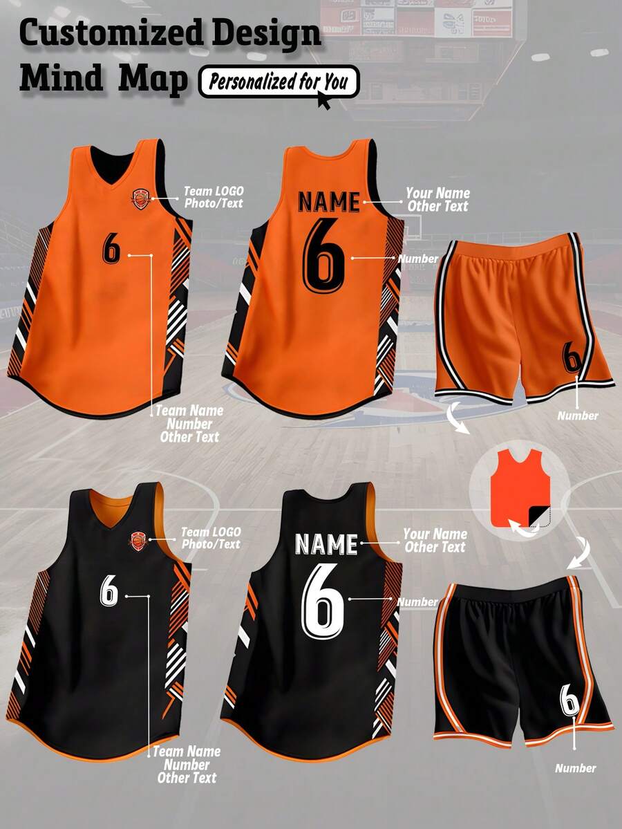 Custom Reversible Basketball Jersey Set, Personalized Name Number Team Logo, Double-Sided Sports Uniform, Suitable For Games Training Practice, Unisex, Team Outfit - Multicolor - View 1