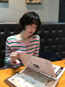 Women's New Autumn/Winter Pink Colorblock Striped Knit Lightweight Cardigan, Asymmetrical Hem, Slit Cuff Detail - Pinkish Green - View 4