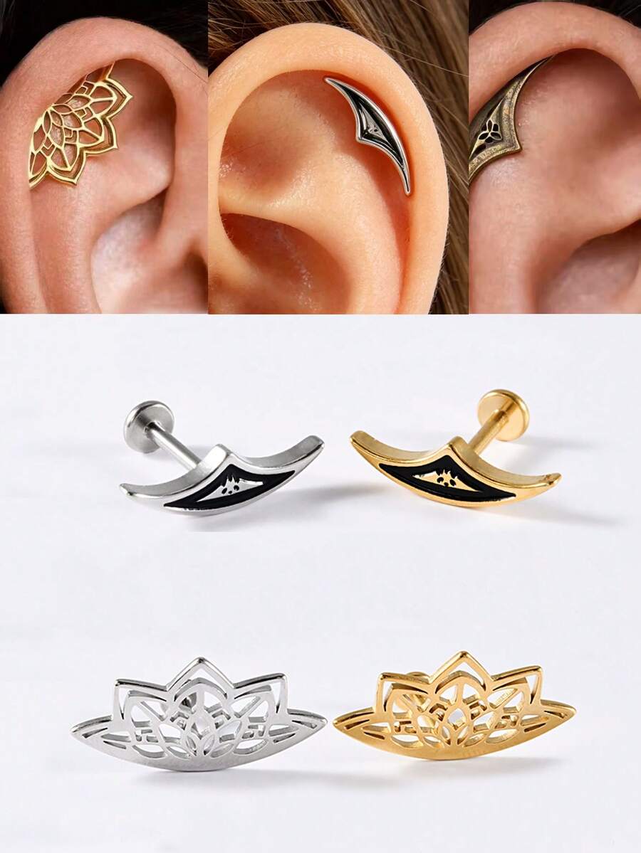 1pc Gothic Spider & Spider Web & Black Oil Drop Devil Crescent Moon Flat Nose Stud Lip Stud Earring 16g Stainless Steel Internal Threaded, Suitable For Daith, Helix, Conch, Earlobe Ear Piercing Decoration, Unisex