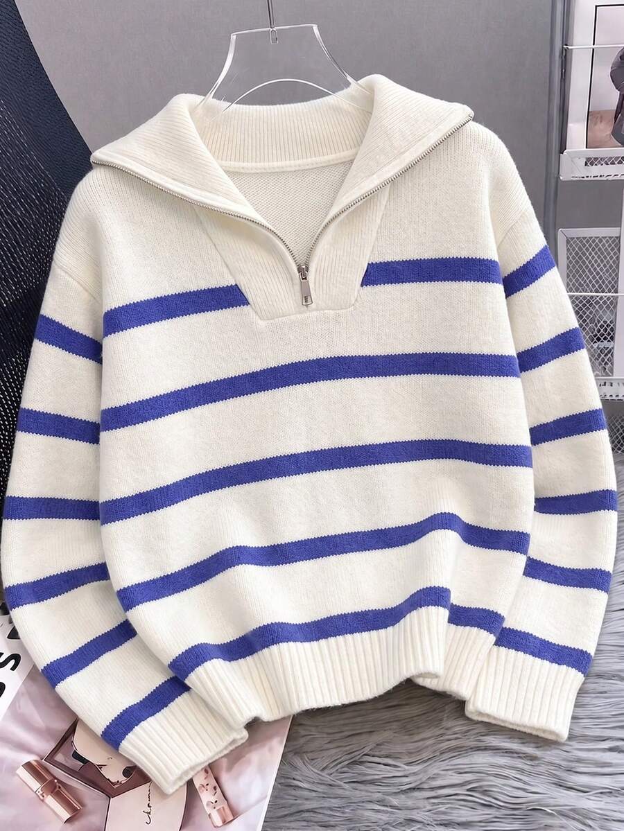 1pc Girls' Teen Fashion Striped Half-Button Front Long Sleeve Warm Knit Sweater, Spring/Autumn/Winter - Blue - View 1