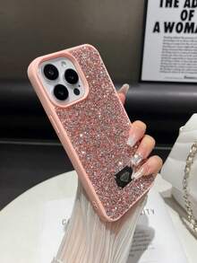 1pc Pink Skin-Feel Full Rhinestone Glitter Anti-Drop 2-In-1 Phone Case Compatible With 15promax/17promax/17ari/18pro/S25ultra - Pink - View 2