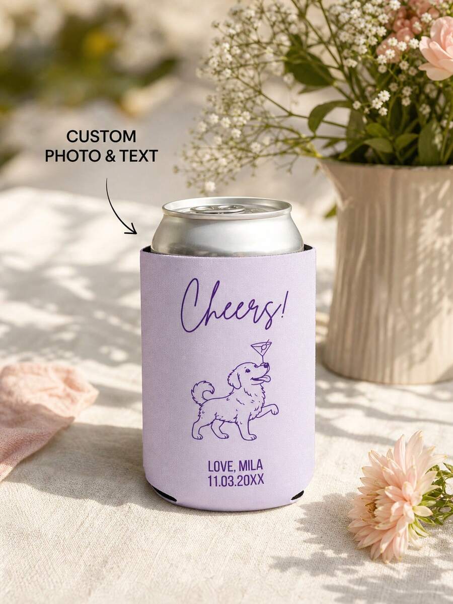 個性化寵物罐裝飲料保冷套,可客製化狗狗照片線條藝術肖像,正反面可印文字,潛水布 12 Oz 標準或纖細罐裝杯套,婚禮招待會與派對寵物愛好者伴手禮 - 彩色 - 查看 1