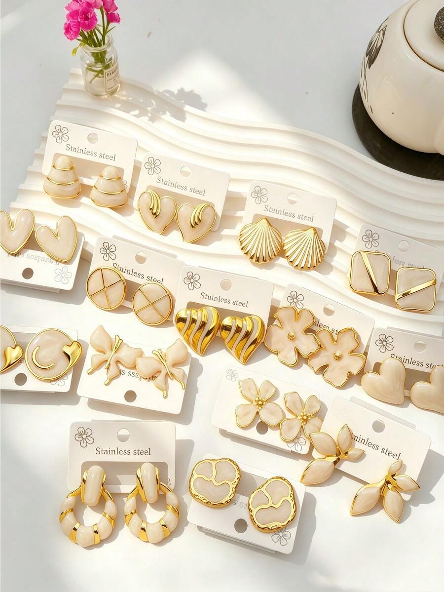 4/8/16/20-Piece Set: Buttercream & Gold-Tone Stainless Steel Earrings – Women's Accessories, Retro/Soft-Textured/Gentle Daily Style, Women's Earrings - Multicolor - View 1