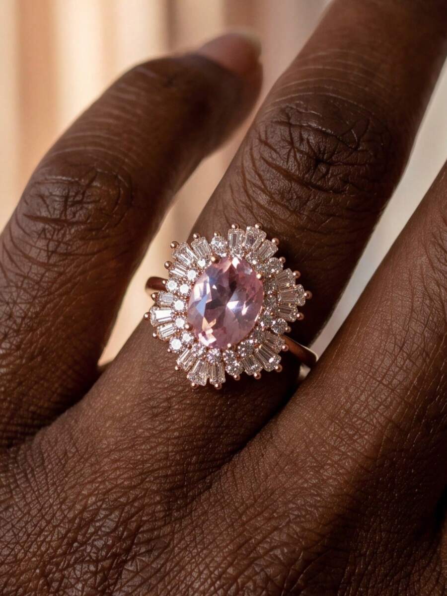 Elegant Luxury Rose Gold Women Ring Inlaid Pink Cubic Zirconia Suitable For Wedding & Dating Romantic Confession Gift For Her. - Rose Gold - View 1
