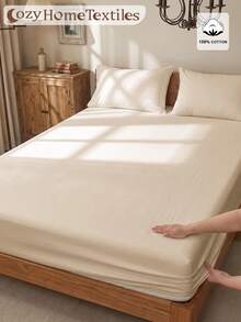 1pc 100% Pure Cotton Fitted Sheet, Solid Color Fitted Sheet, Soft & Comfortable, Breathable & Anti-Pilling, Suitable For Twin/Full/Queen/King All Mattress Sizes, Machine Washable, Room Decor, Beige - Beige - View 9