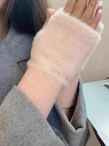 1Pair Fluffy Ribbed Knit Fingerless Gloves, Fuzzy Plush Wrist Warmers With Stretchy Cuff, Winter Hand Accessory For Women Daily Wear - Multicolor - View 2