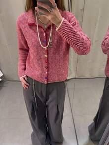 女款針織開襟外套，時尚紅色長袖前開襟毛衣，彩色前扣設計毛衣，女款秋冬毛衣 - 紅色 - 查看 7