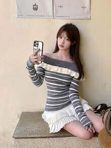 Women's Contrast Color Striped Off-Shoulder Ruffle Long Sleeve Knit Sweater, Slim Fit Flattering Pullover, Versatile For Autumn/Winter - Grey - View 2