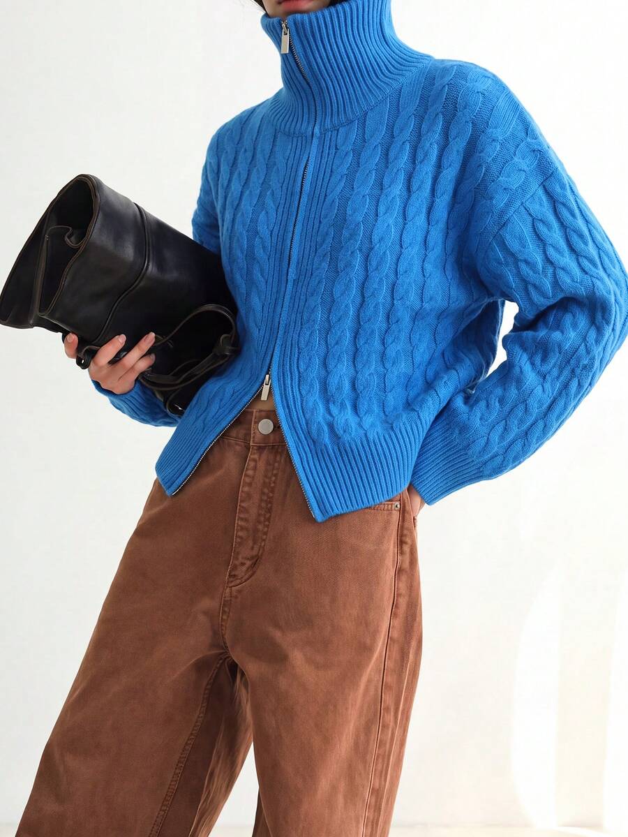 Women's Autumn/Winter Casual Minimalist Vintage Style Lapel Knit Cardigan Jacket - Blue - View 1