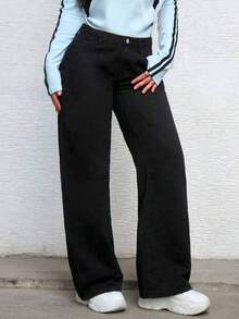 Teenage Girls' Fashion Solid Color Straight-Leg Jeans - Black - View 6