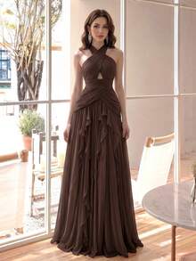 Women's Elegant Sexy Multi-Layer Ruffle Patchwork Design Fashion Flared Slimming Luxury Dress Solid Color Sexy Party Wedding Fall - Coffee Brown - View 2