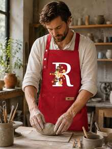 1pc Customized Letter Series Red Background Colorful Letter & Holographic Floral Pattern Cute Print Apron, Suitable For Christmas Party And Wedding. Applicable For Kitchen, Garden, Bathroom, Home Decor - Unique Initial Meaning Style, Christmas Gift - Multicolor - View 6