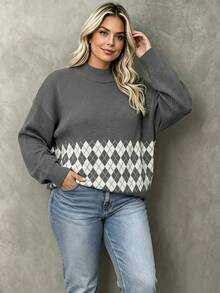 Women's Plus Size Knitwear Pullover Sweater With Argyle Pattern, High Neck, Long Drop Shoulder Sleeves And Tight Hem, Medium Stretch, For Fall Winter - Grey - View 5