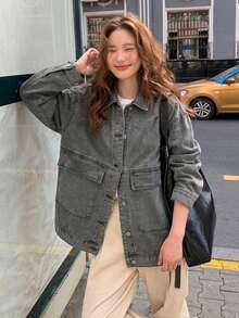 Women's Loose Fit Solid Color Denim Jacket - Grey - View 9