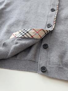 2pcs/Set Girls' Simple Plaid Patchwork Round Neck Single-Breasted Long Sleeve Knit Cardigan And Wide Leg Knit Pants, Casual School Style Outfit For Daily Wear, Spring, Autumn, Winter - Grey - View 5