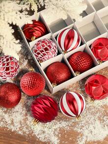 12pcs Christmas Ball Ornaments Set, Colorful Shatterproof Plastic Decorative Balls With Hanging Rope, For Christmas Tree Decoration, Holiday Party, Wedding Decor, Red - Red - View 5